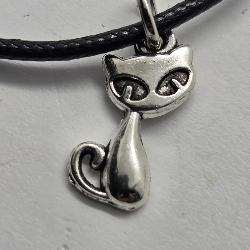 Silver Tone Cat Pendant Necklace - Black Cord